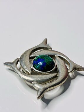 VTG Earthsong Pewter Brooch Dolphins w/ Azurite Malachite